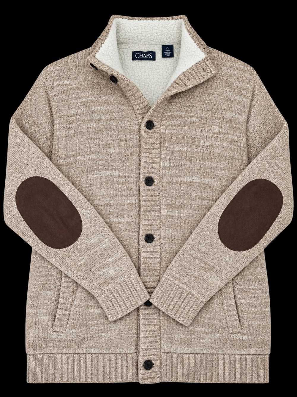 Chaps Beige Marled Button-Up Sherpa-Lined Sweater with Elbow Patches